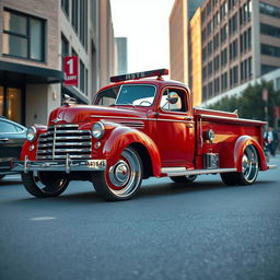 A vintage fire truck transformed into a low-riding, customized vehicle with oversized wheels