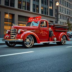 A vintage fire truck transformed into a low-riding, customized vehicle with oversized wheels