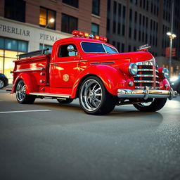 A vintage fire truck transformed into a low-riding, customized vehicle with oversized wheels