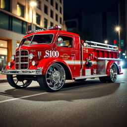 A vintage fire truck transformed into a low-riding, customized vehicle with oversized wheels