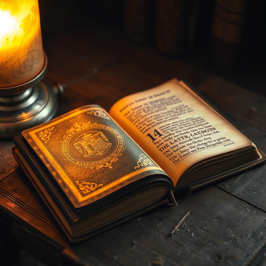 A vintage leather-bound book resting on a rustic wooden table, with a warm, golden glow from a nearby lamp casting soft shadows