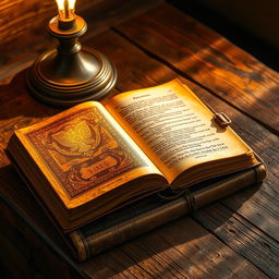 A vintage leather-bound book resting on a rustic wooden table, with a warm, golden glow from a nearby lamp casting soft shadows