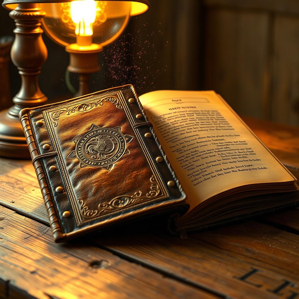 A vintage leather-bound book resting on a rustic wooden table, with a warm, golden glow from a nearby lamp casting soft shadows