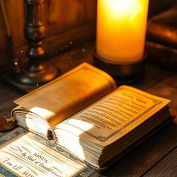 A vintage leather-bound book resting on a rustic wooden table, with a warm, golden glow from a nearby lamp casting soft shadows