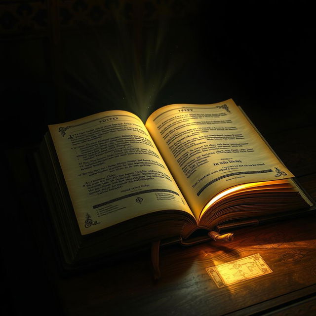 An open book with pages glowing from an internal magical light, casting an enchanting illumination