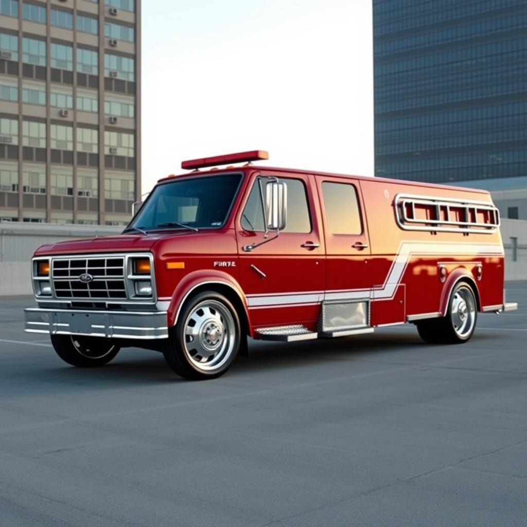 A 1980s Ford fire truck, creatively transformed into a low-riding, customized vehicle with massive chrome wheels