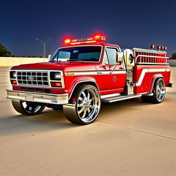 A 1980s Ford fire truck, creatively transformed into a low-riding, customized vehicle with massive chrome wheels