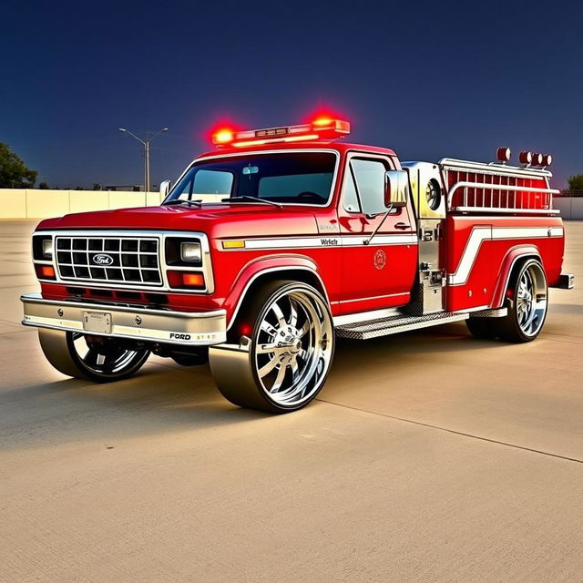 A 1980s Ford fire truck, creatively transformed into a low-riding, customized vehicle with massive chrome wheels