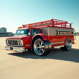 A 1980s Ford fire truck, creatively transformed into a low-riding, customized vehicle with massive chrome wheels