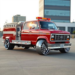 A 1980s Ford fire truck, creatively transformed into a low-riding, customized vehicle with massive chrome wheels