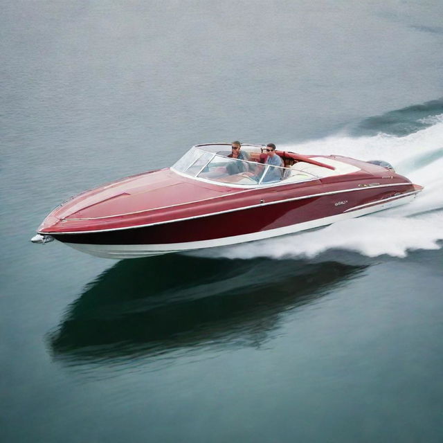 A classic and elegant speed boat that incorporates the distinctive design aesthetics, signature colors, and logo of a Buick car