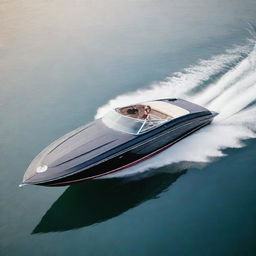 A classic and elegant speed boat that incorporates the distinctive design aesthetics, signature colors, and logo of a Buick car