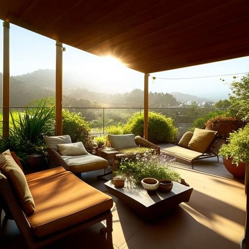 A sunlit terrace featuring a cozy sitting area with comfortable furniture, lush potted plants and a panoramic view of the surrounding landscape.