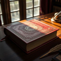 A classic hardcover book with a richly textured, embossed cover, resting on an elegant wooden desk