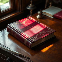 A classic hardcover book with a richly textured, embossed cover, resting on an elegant wooden desk