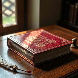 A classic hardcover book with a richly textured, embossed cover, resting on an elegant wooden desk