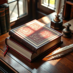 A classic hardcover book with a richly textured, embossed cover, resting on an elegant wooden desk