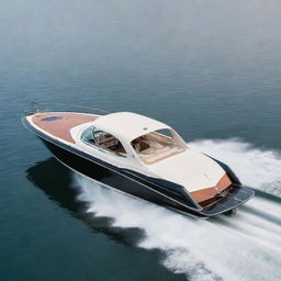 A classic and elegant speed boat that incorporates the distinctive design aesthetics, signature colors, and logo of a Buick car