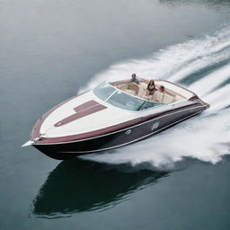 A classic and elegant speed boat that incorporates the distinctive design aesthetics, signature colors, and logo of a Buick car