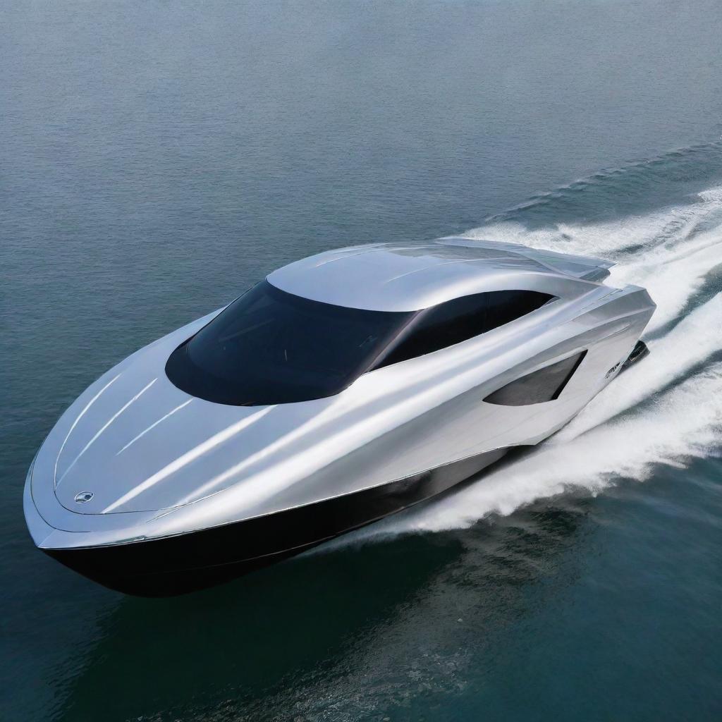 A high-end speed boat design that mirrors the sleek lines, contemporary design, and signature logo of a Lexus sports car