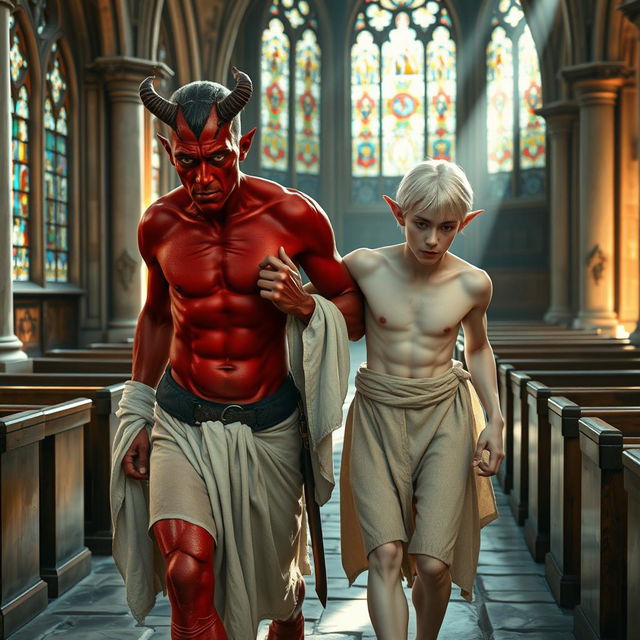 A tired red devil man, sweating profusely, walking inside a medieval church