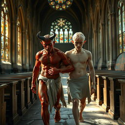 A tired red devil man, sweating profusely, walking inside a medieval church