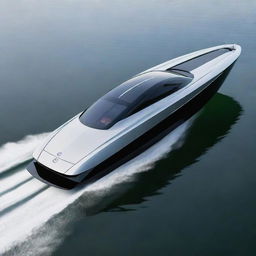 A high-end speed boat design that mirrors the sleek lines, contemporary design, and signature logo of a Lexus sports car