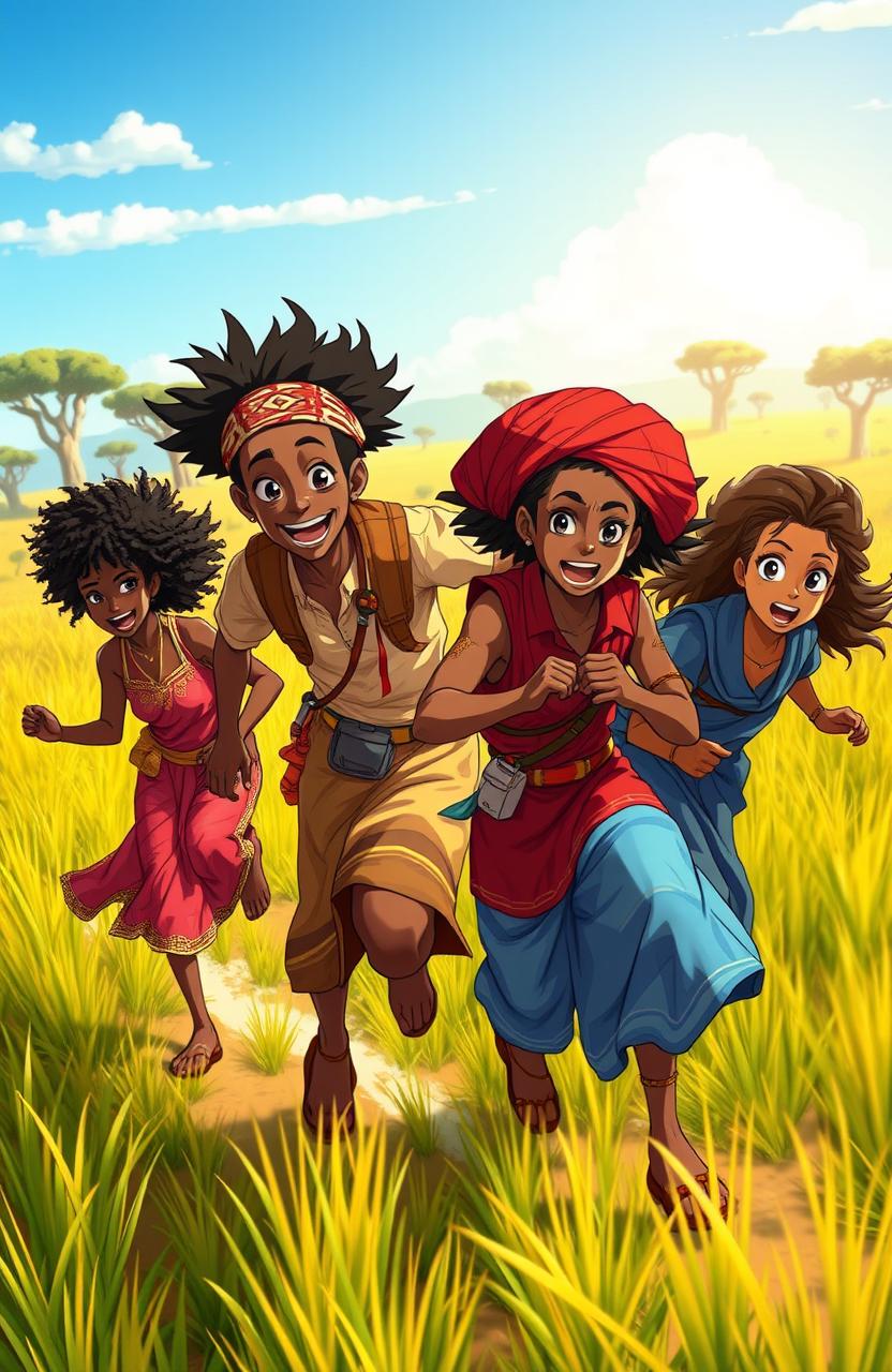 Anime-style African adventurers wearing traditional African attire, energetically chasing after something in a vibrant landscape