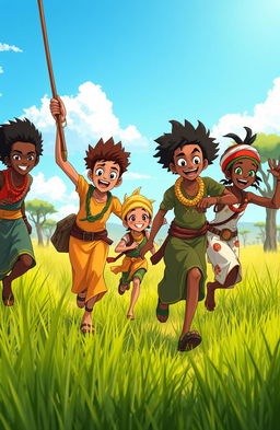 Anime-style African adventurers wearing traditional African attire, energetically chasing after something in a vibrant landscape