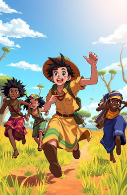 Anime-style African adventurers wearing traditional African attire, energetically chasing after something in a vibrant landscape