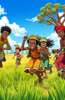 Anime-style African adventurers wearing traditional African attire, energetically chasing after something in a vibrant landscape