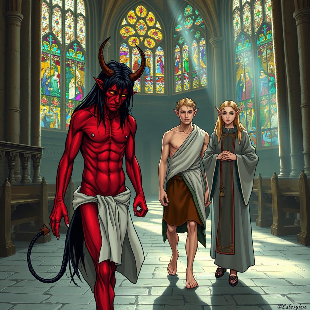 A handsome, tired, skinny red devil man with sharp facial features, red skin, and long black hair, walking inside a medieval church