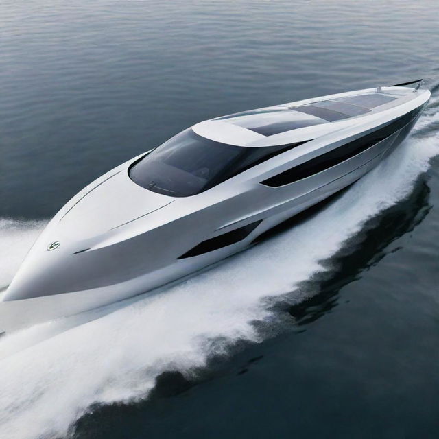 A high-end speed boat design that mirrors the sleek lines, contemporary design, and signature logo of a Lexus sports car