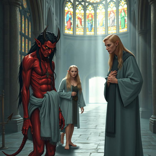 A handsome, tired, skinny red devil man with sharp facial features, red skin, and long black hair, walking inside a medieval church