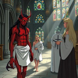 A handsome, tired, skinny red devil man with sharp facial features, red skin, and long black hair, walking inside a medieval church