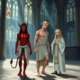 A handsome, tired, skinny red devil man with sharp facial features, red skin, and long black hair, walking inside a medieval church