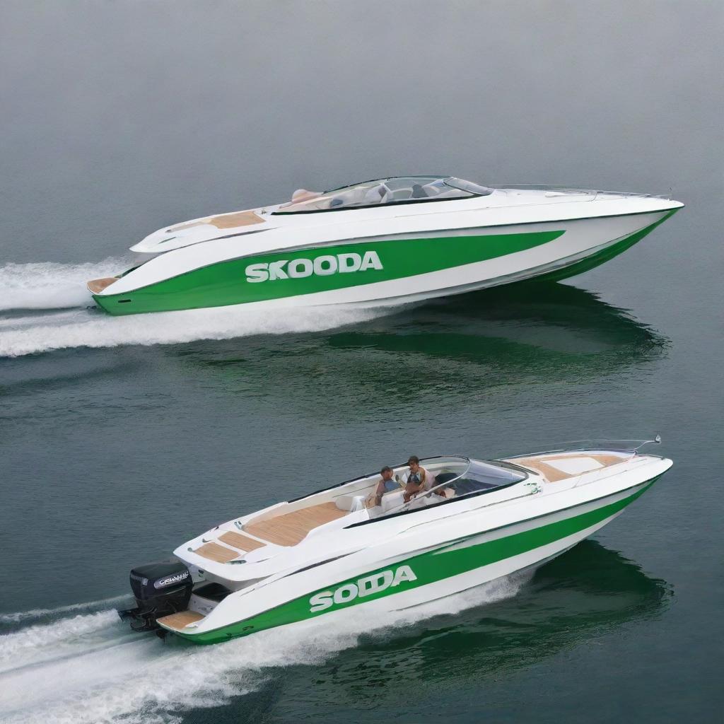 An efficient and stylish speed boat design that embodies the practical design aesthetics, color scheme, and logo of a Skoda vehicle