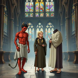 In a grand medieval church, a handsome, tired, skinny red devil man with short black hair stands next to a tall, pale elf man with short blonde hair