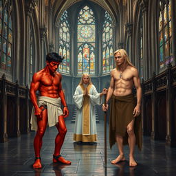 In a grand medieval church, a handsome, tired, skinny red devil man with short black hair stands next to a tall, pale elf man with short blonde hair