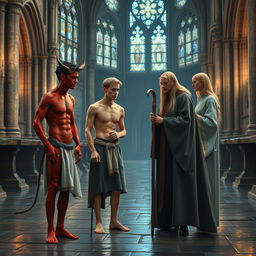 In a grand medieval church, a handsome, tired, skinny red devil man with short black hair stands next to a tall, pale elf man with short blonde hair