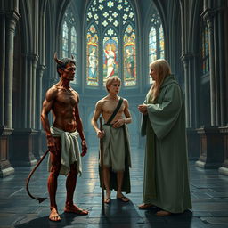 In a grand medieval church, a handsome, tired, skinny red devil man with short black hair stands next to a tall, pale elf man with short blonde hair