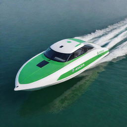 An efficient and stylish speed boat design that embodies the practical design aesthetics, color scheme, and logo of a Skoda vehicle