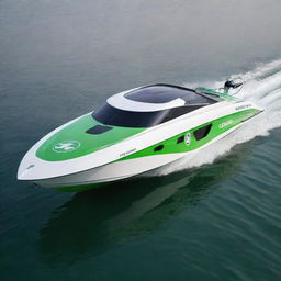 An efficient and stylish speed boat design that embodies the practical design aesthetics, color scheme, and logo of a Skoda vehicle