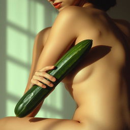 An artistic and tasteful representation of a woman depicted in a classical pose with a cucumber in a visually interesting position