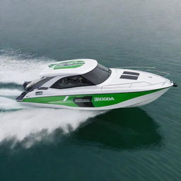 An efficient and stylish speed boat design that embodies the practical design aesthetics, color scheme, and logo of a Skoda vehicle