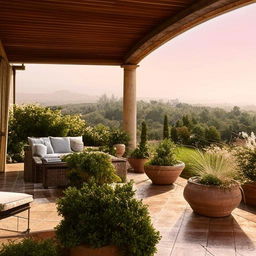 A sunlit terrace featuring a cozy sitting area with comfortable furniture, lush potted plants and a panoramic view of the surrounding landscape.