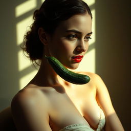 An artistic and tasteful representation of a woman depicted in a classical pose with a cucumber in a visually interesting position