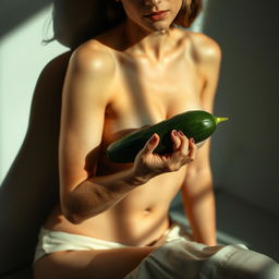 An artistic and tasteful representation of a woman depicted in a classical pose with a cucumber in a visually interesting position