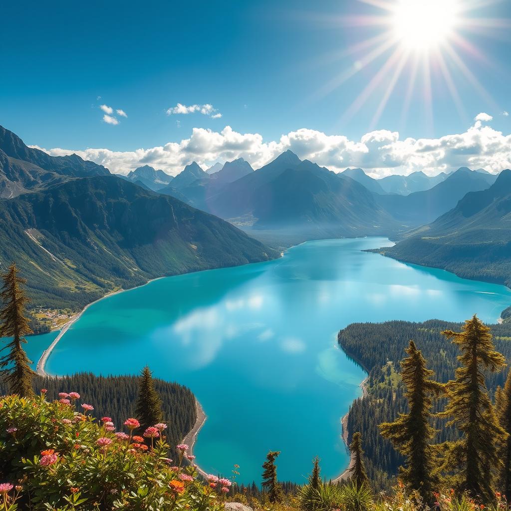 A breathtakingly beautiful scene featuring a stunning landscape encompassing majestic mountains, serene lakes, and lush greenery under a radiant sky