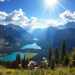 A breathtakingly beautiful scene featuring a stunning landscape encompassing majestic mountains, serene lakes, and lush greenery under a radiant sky